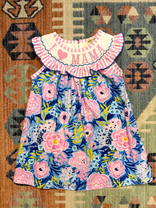 “I 💗 Mama” Smocked Floral & Stripe Dress