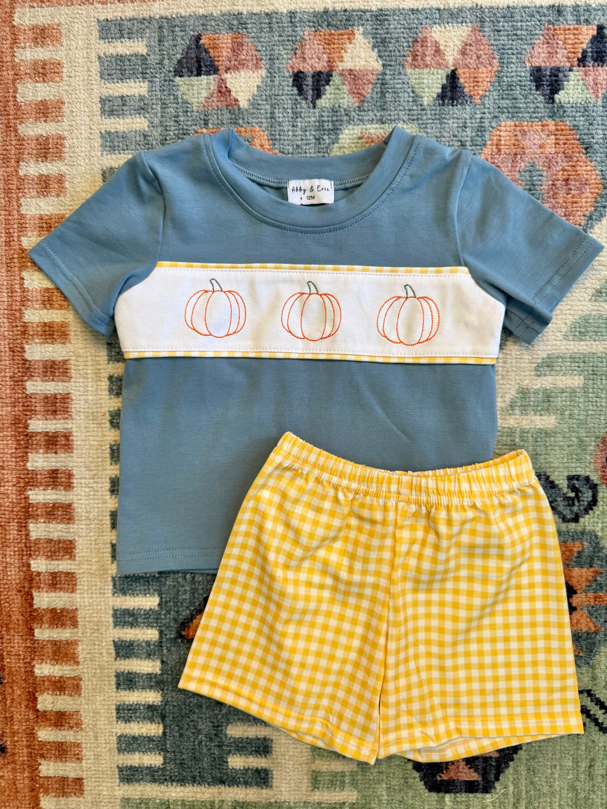 Boy’s Pumpkin Embroidered Gingham Shorts Set
