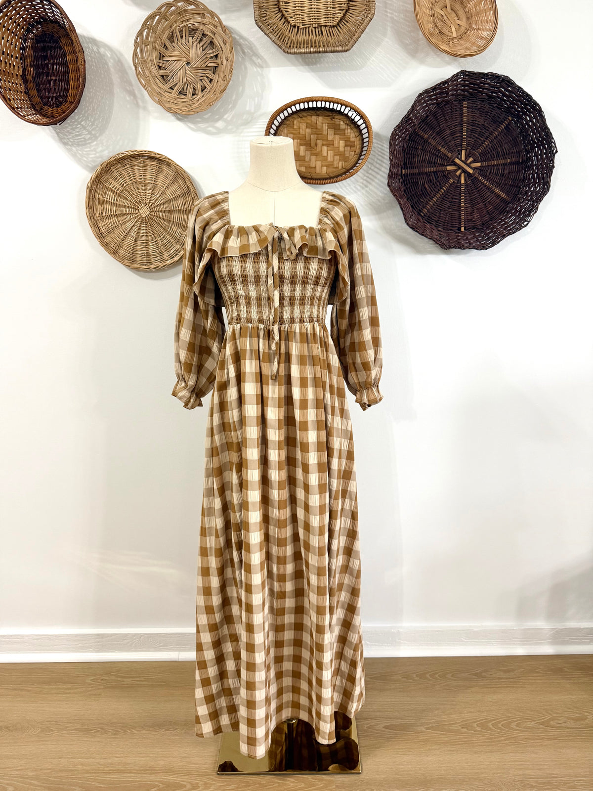 The Haven Gingham Maxi Dress in Tan