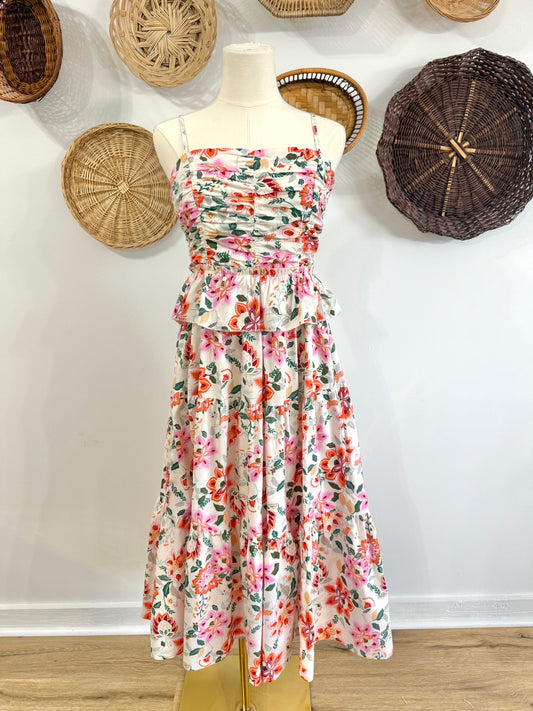 The Greta Ruched Floral Midi Dress in Cream