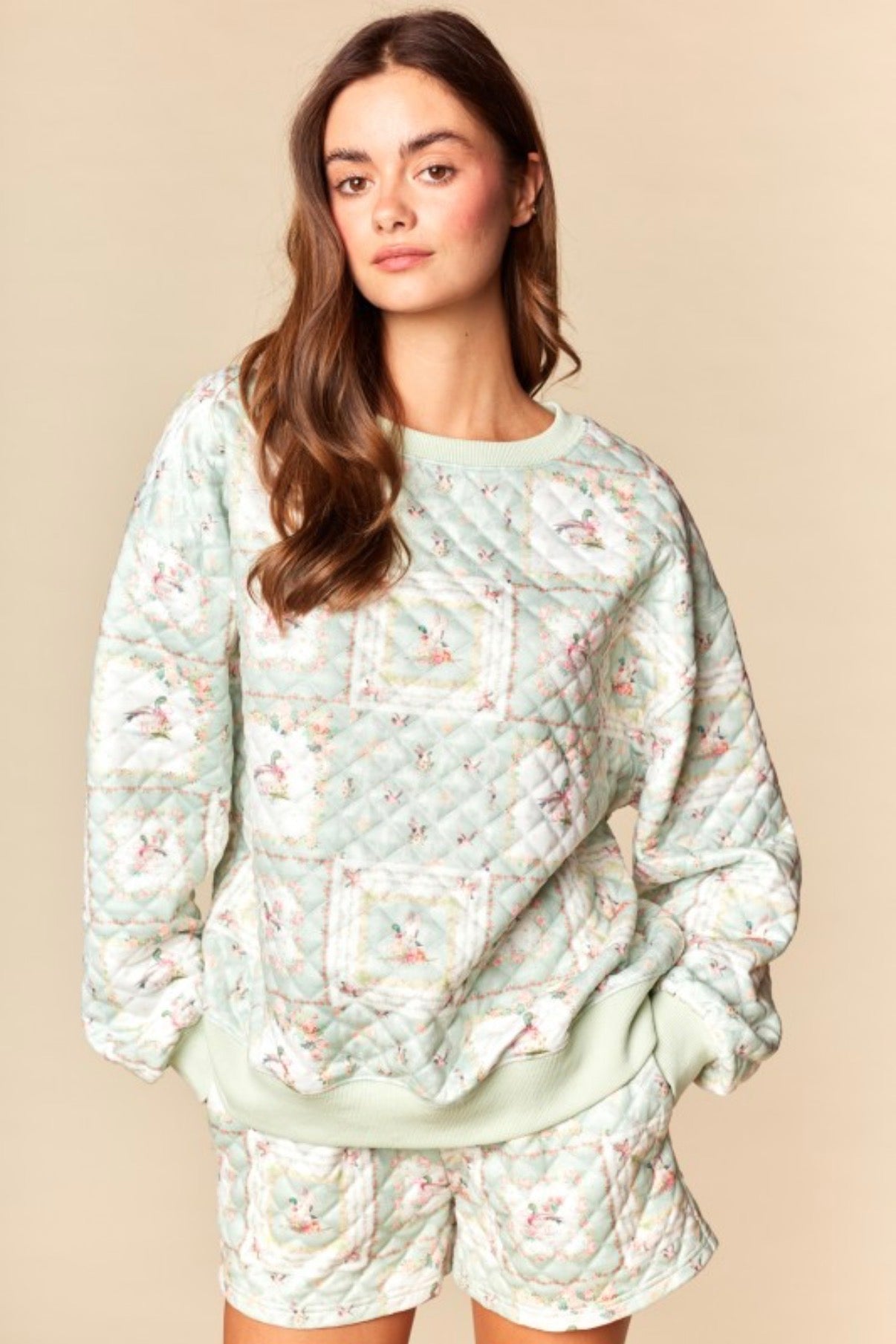 The Cora Mallard Duck Patchwork Print Quilted Set in Green