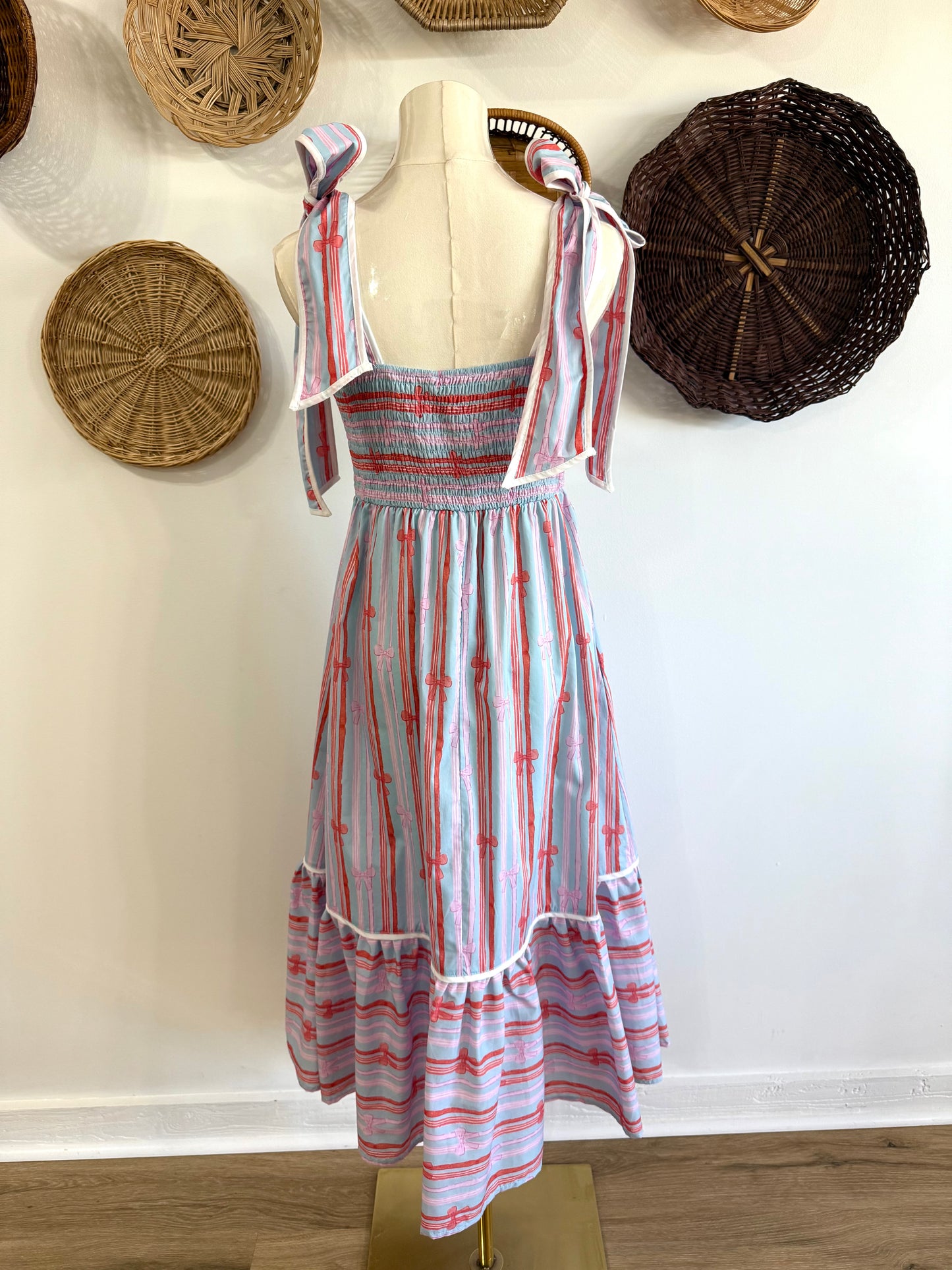 The June Bow Print Tie Shoulder Midi Dress in Blue & Pink