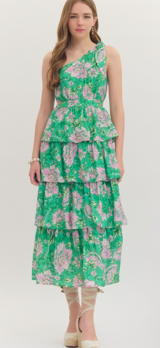 The Linnea Tiered Ruffle Floral Dress in Kelly Green