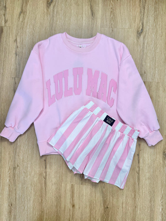 LULU MAC L Set w/ Pink  Sweatshirt & Pink Striped Shorts