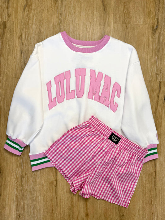 LULU MAC XL Set w/ White, Pink, & Green Sweatshirt & Pink Gingham Shorts