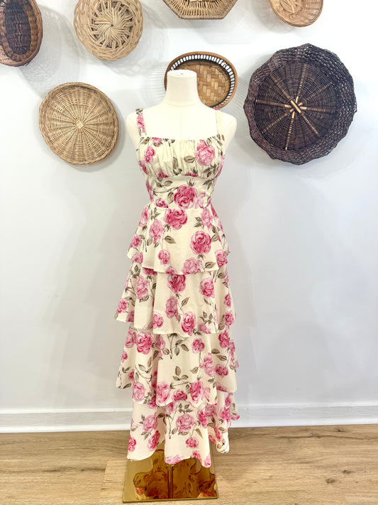 The Nicolette Floral Tiered Ruffle Maxi Dress in Pink & Cream