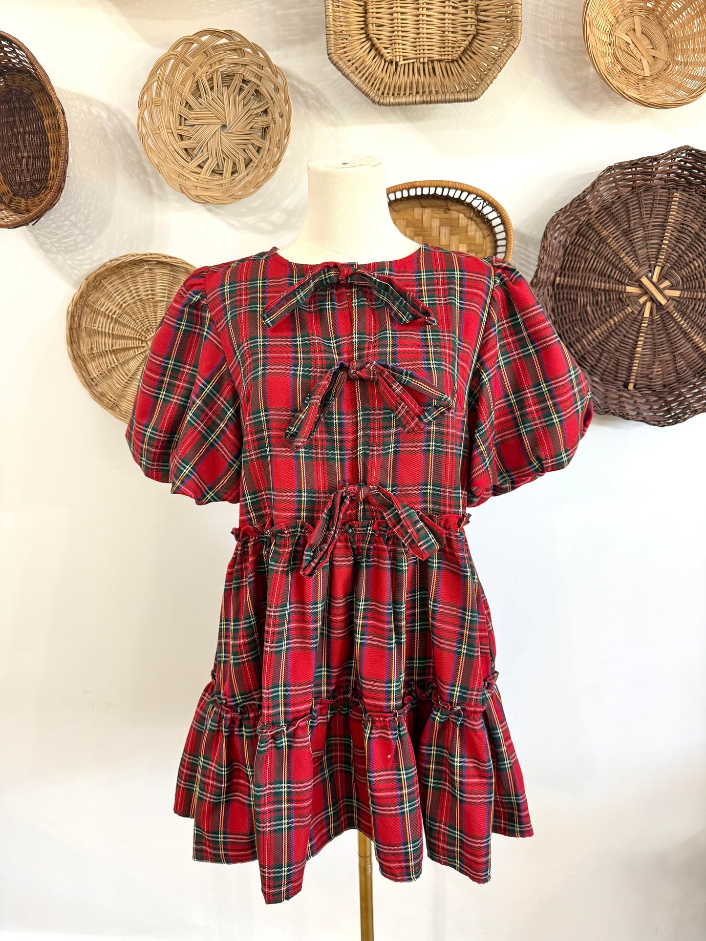 The Mistletoe Bow Detail Dress in Red Plaid