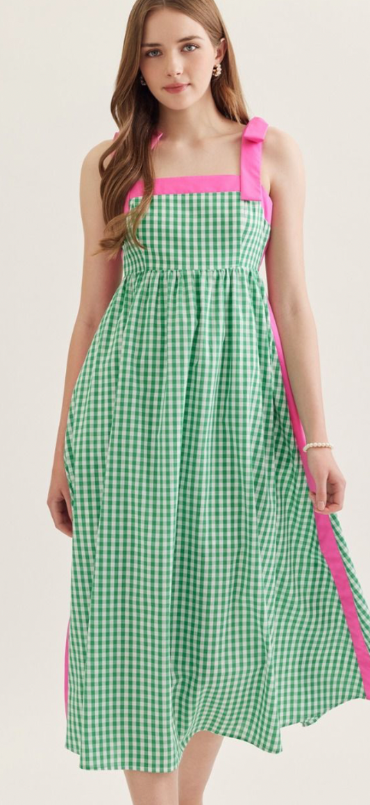 The Hendrix Gingham Midi Dress in Kelly Green & Pink