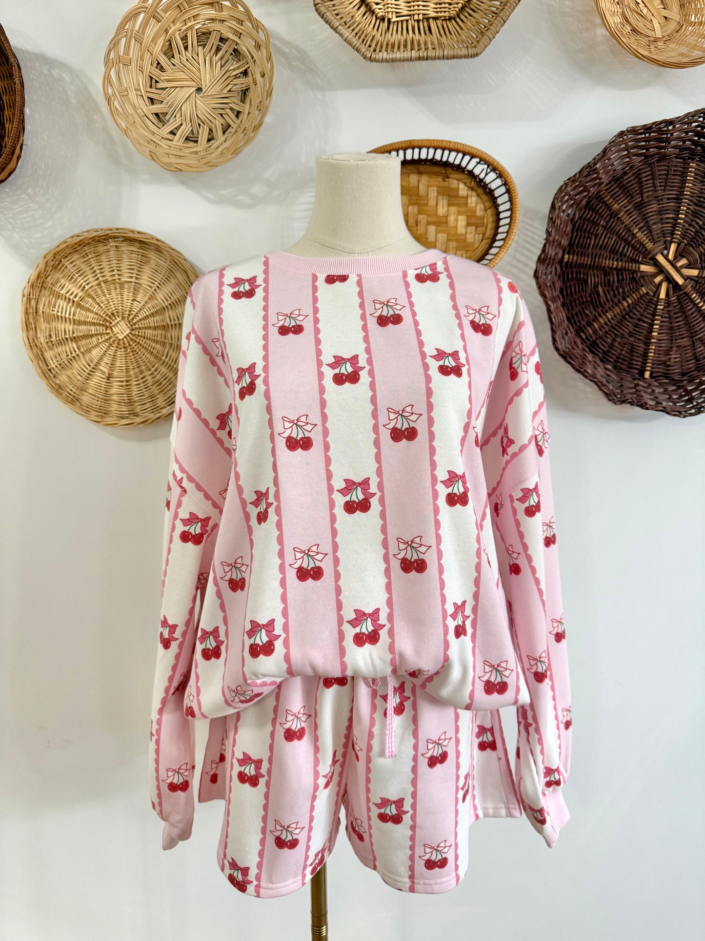 The Kendra Cherry & Bow Striped Set in Pink