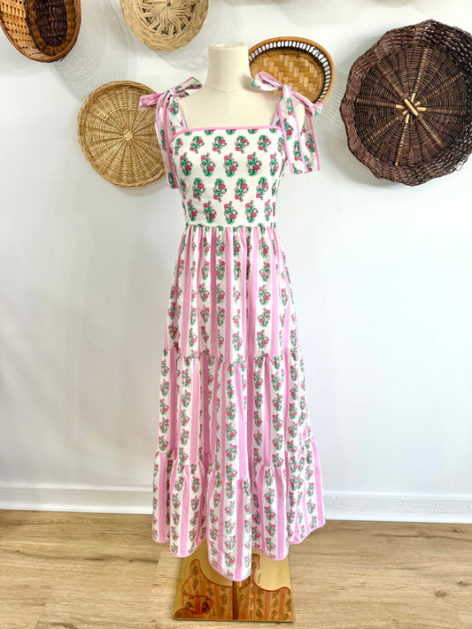 The Winnie Floral & Stripe Tiered Maxi Dress in Pink