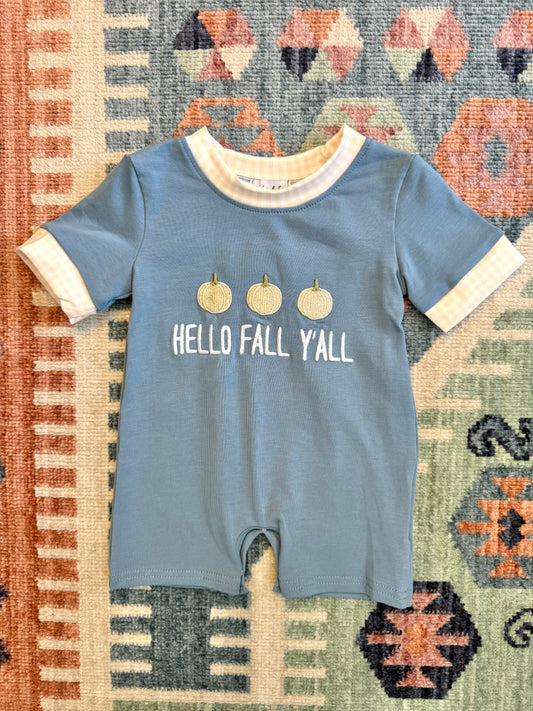 Boy’s Blue Hello Fall Y'ALL Pumpkin Romper