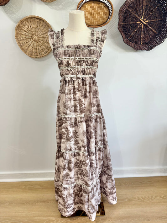 The Ramona Toile Print Smocked Maxi Dress in Brown