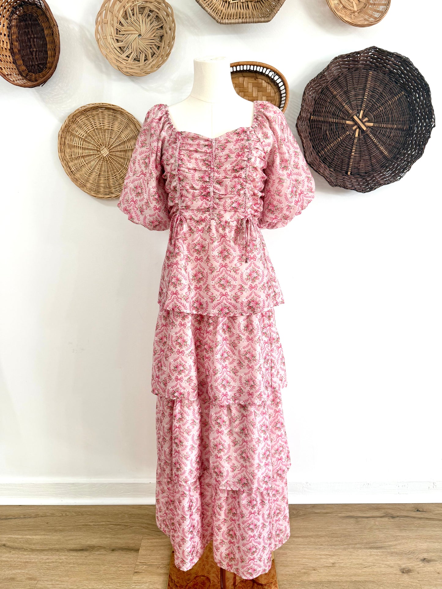 The Lilah Ruffle Tiered Maxi Dress in Floral & Bow Print