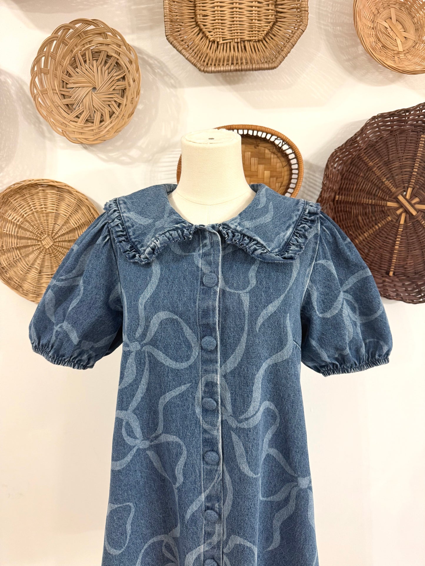 The Brody Bow Print Bib Collar Dress in Denim