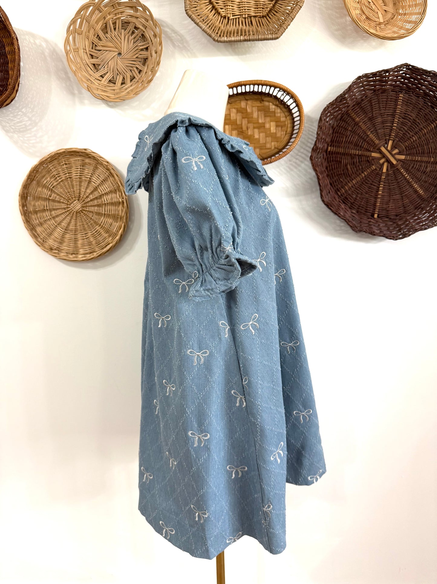 The Kai Bow Embroidered Collared Dress in Denim