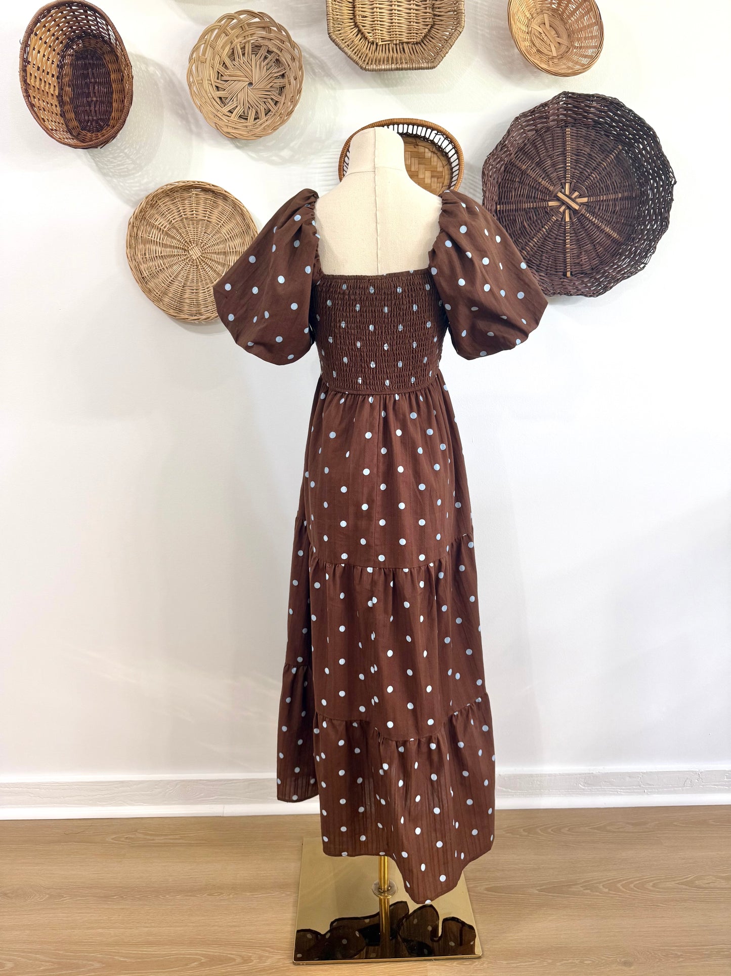 The August Puff Sleeve Blue Polka Dot Midi Dress in Brown