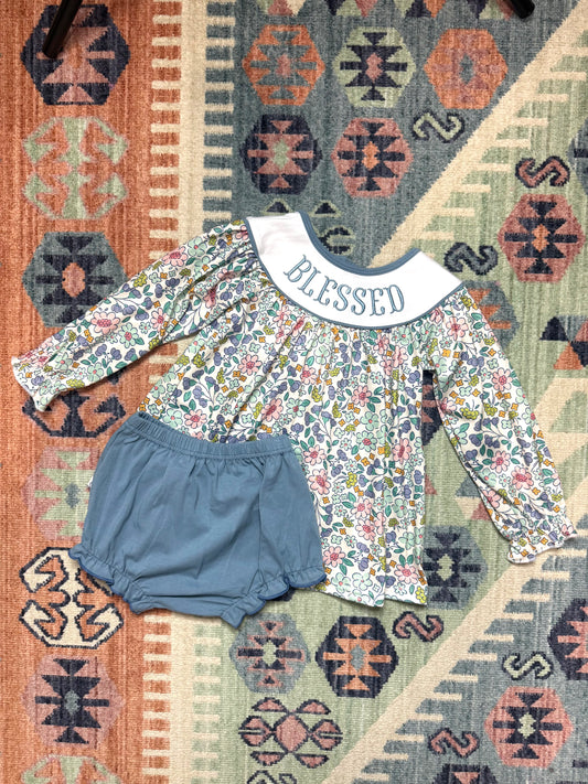 Smocked “Blessed” Floral Print Bloomer Set in Dusty Blue