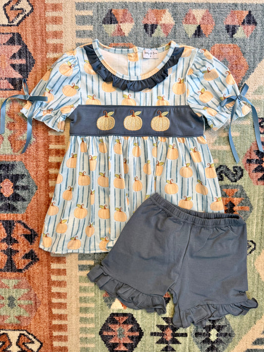 Blue & Tan Embroidered Pumpkin Ruffle Shirts Set