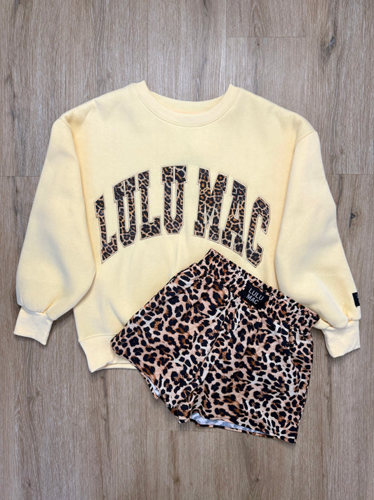 LULU MAC XS Set w/ Butter Yellow Leopard Sweatshirt & Leopard Shorts