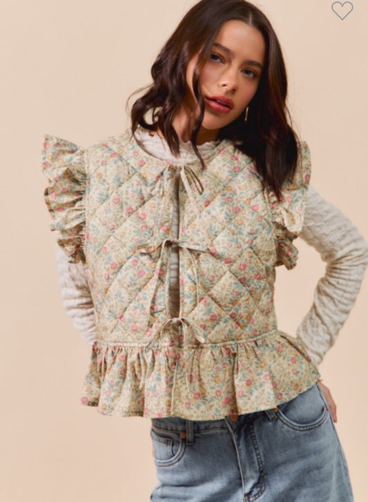 The Adora Quilted Floral Print Vest in Beige