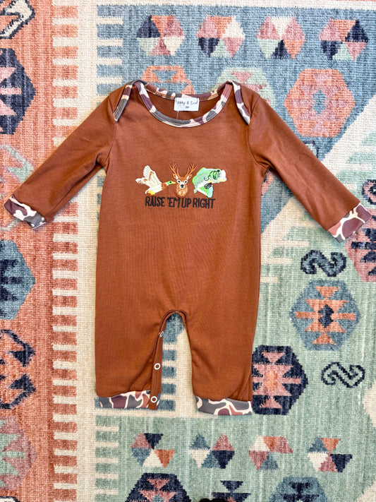 Boy’s “Raise Em Right” Hunting Embroidered Romper