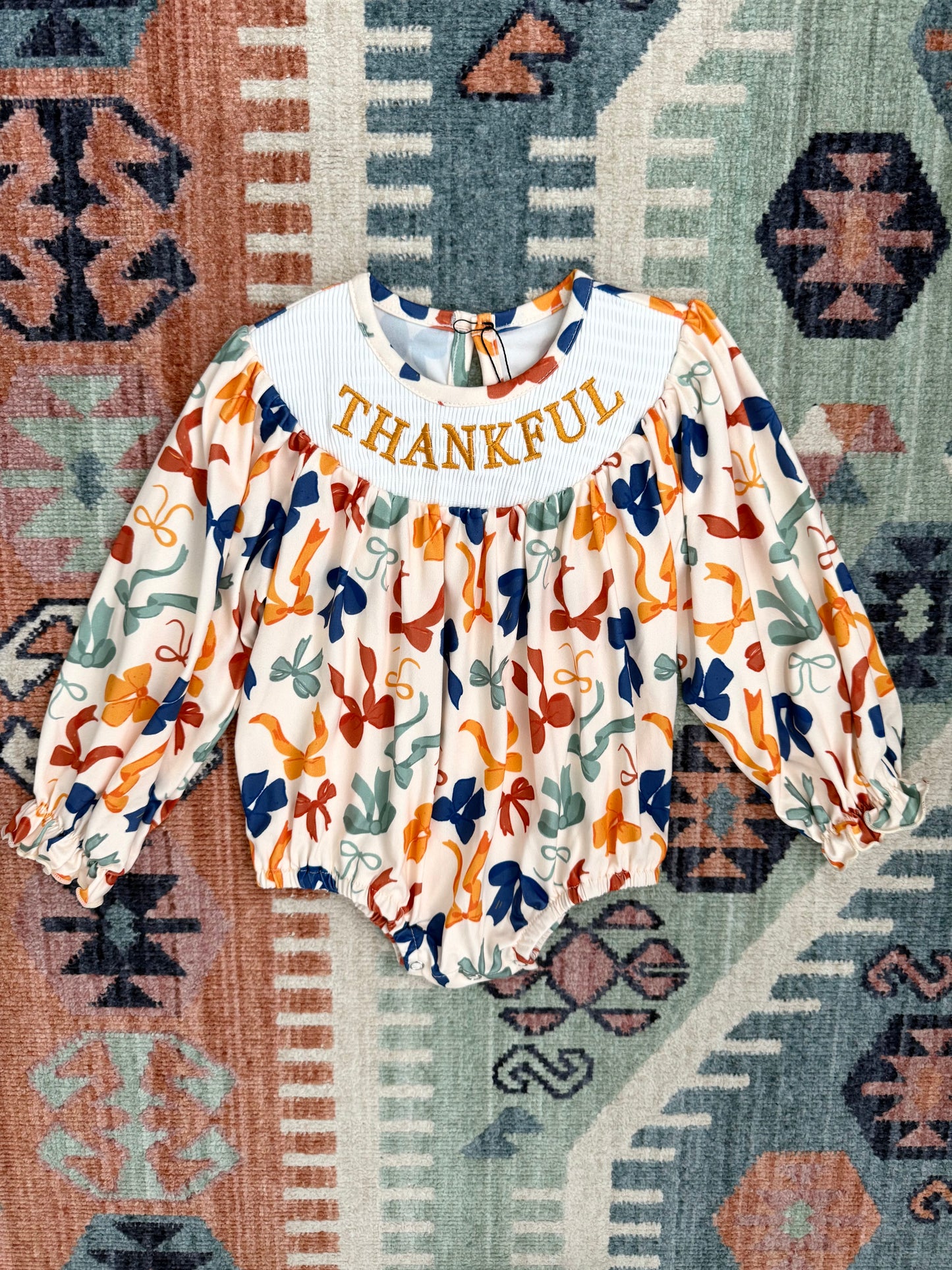 Smocked Bow Print “Thankful” Bubble