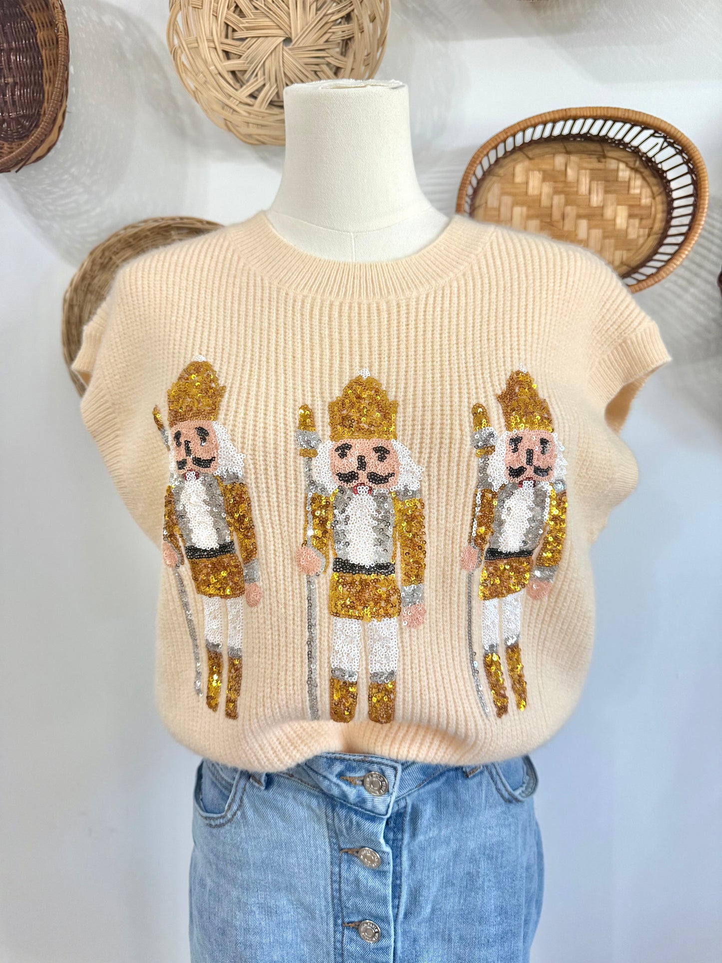 The Tinsel Sequin Nutcracker Sweater Vest in Cream