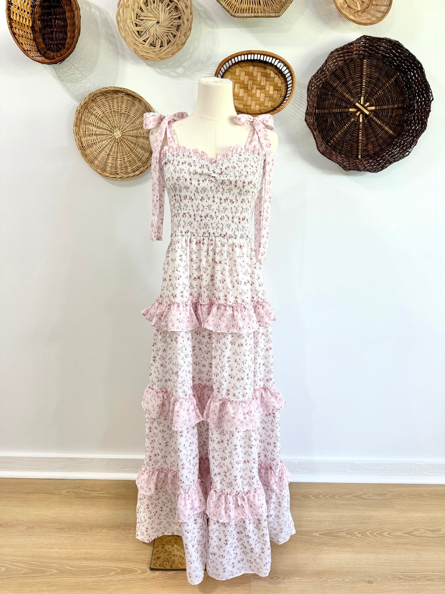The Shayla Floral Ruffle Tiered Maxi Dress in Light Pink
