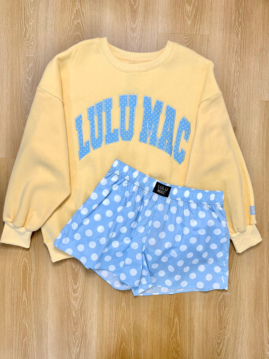 LULU MAC XXL Set w/ Butter Yellow Polka Dot Sweatshirt & Light Blue Polka Dot Shorts