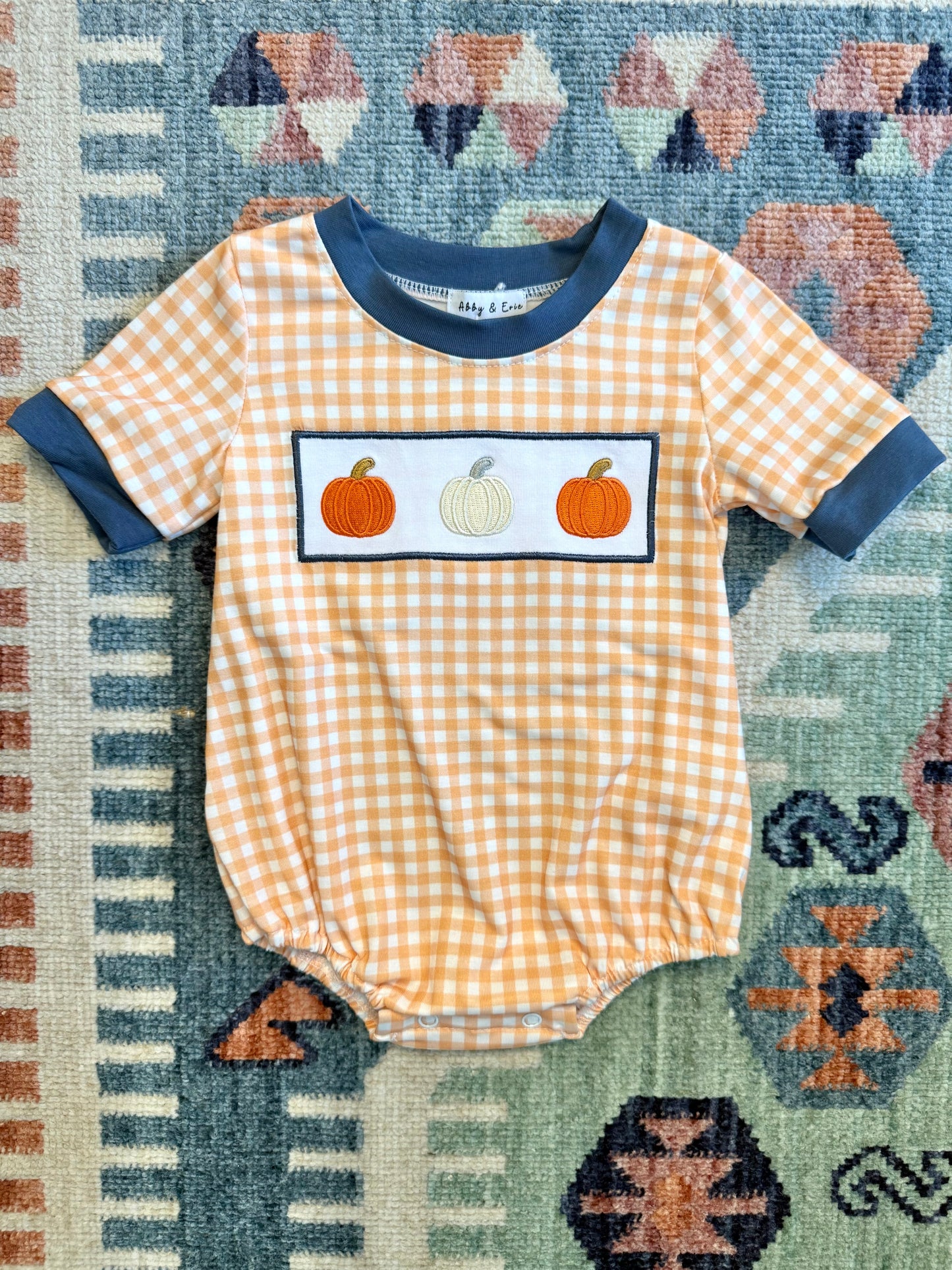 Boy’s Orange Gingham Pumpkin Embroidered Bubble