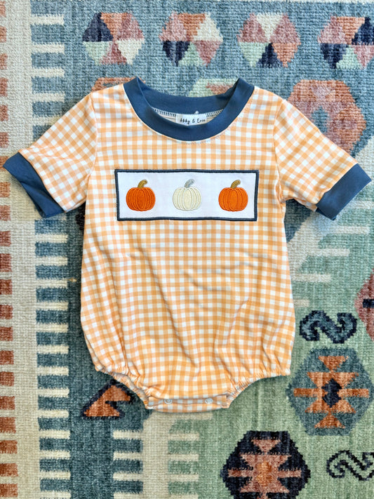 Boy’s Orange Gingham Pumpkin Embroidered Bubble