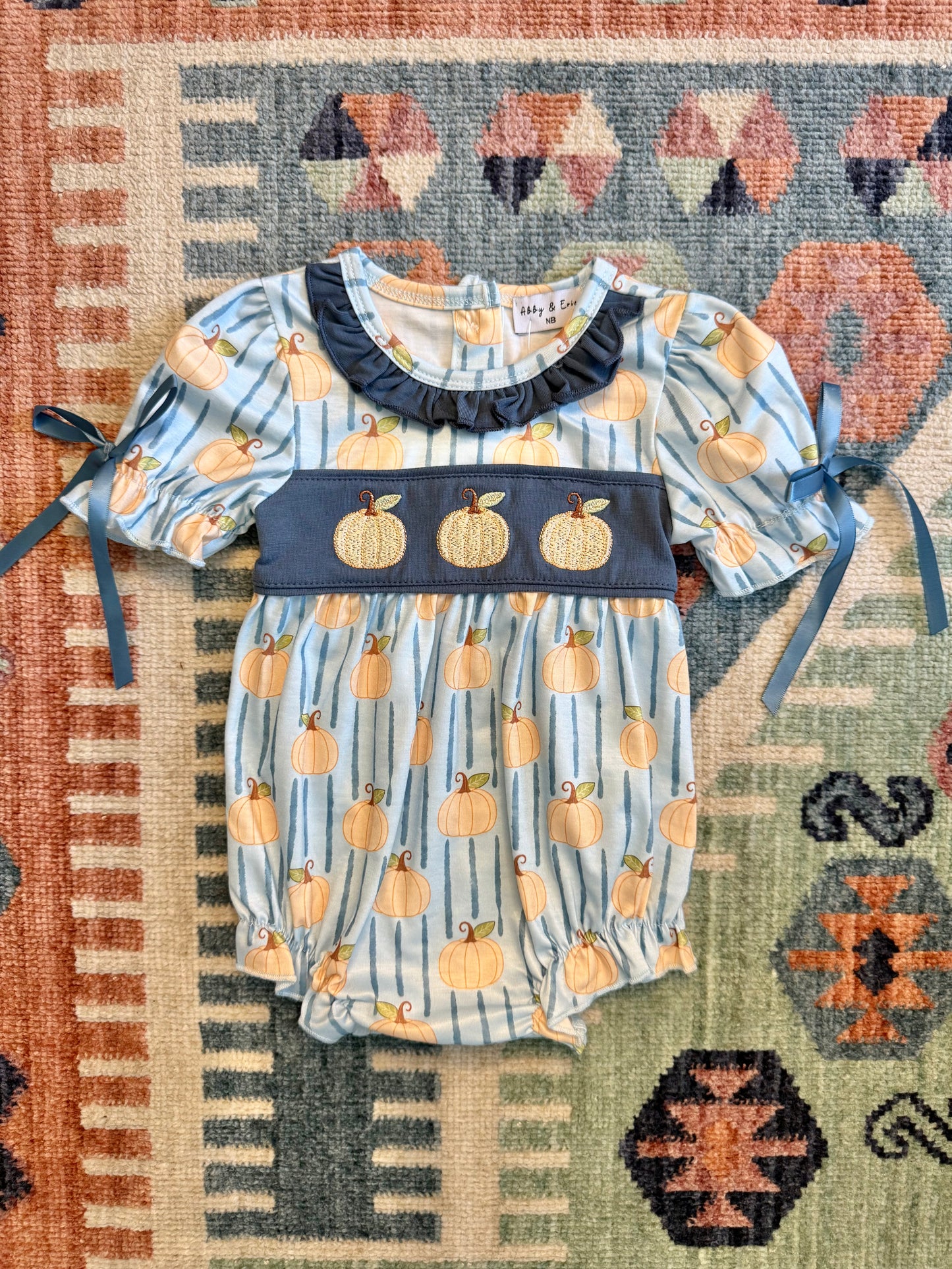 Blue & Tan Embroidered Pumpkin Ruffle Bubble