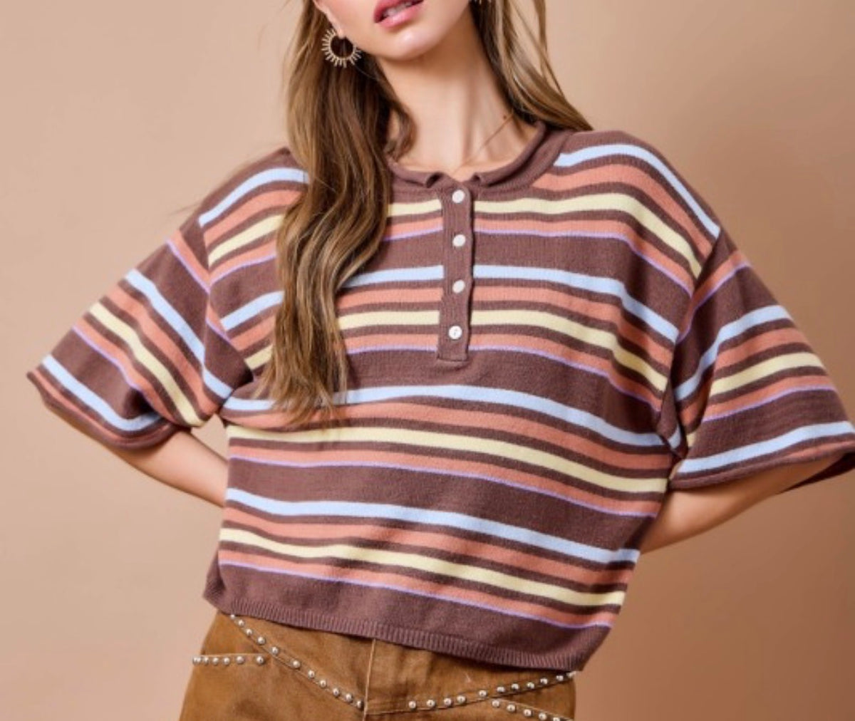 The Marigold Striped Henley Short Sleeve Knit Top in Brown Striped