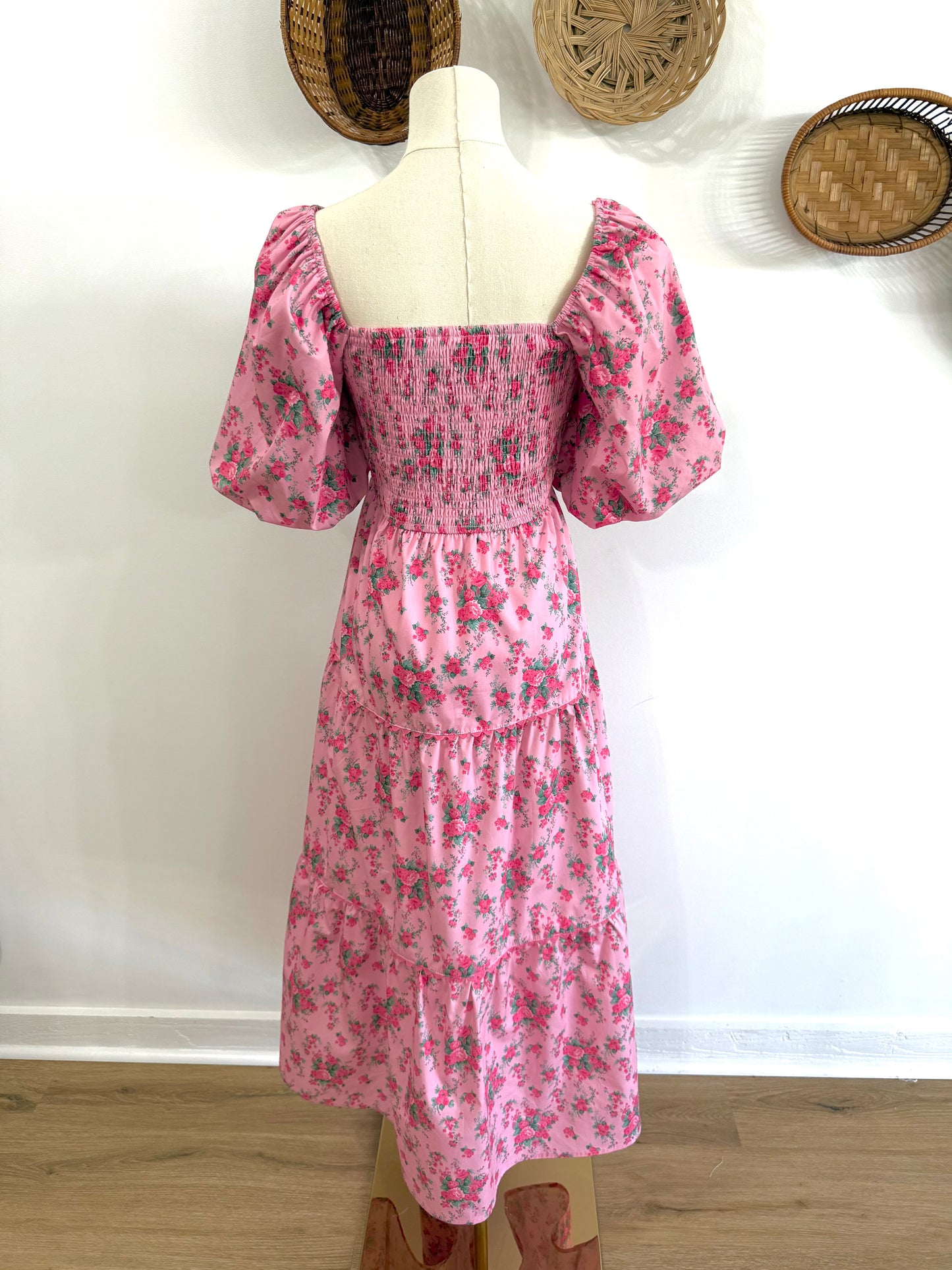 The Everlynn Puff Sleeve Bow Detail Floral Maxi Dress in Pink