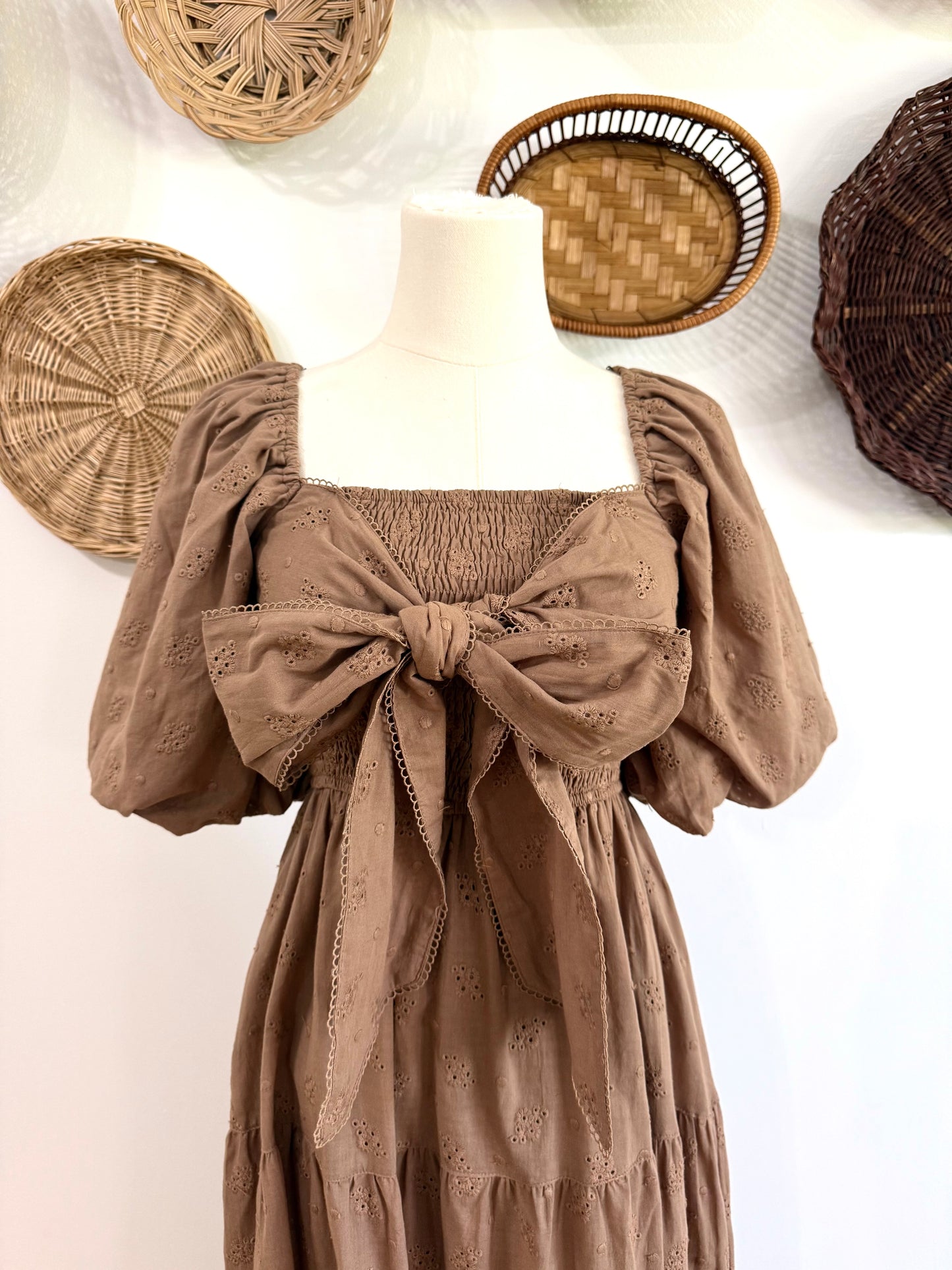 The Everlynn Bow Detail Eyelet Maxi Dress in Light Brown