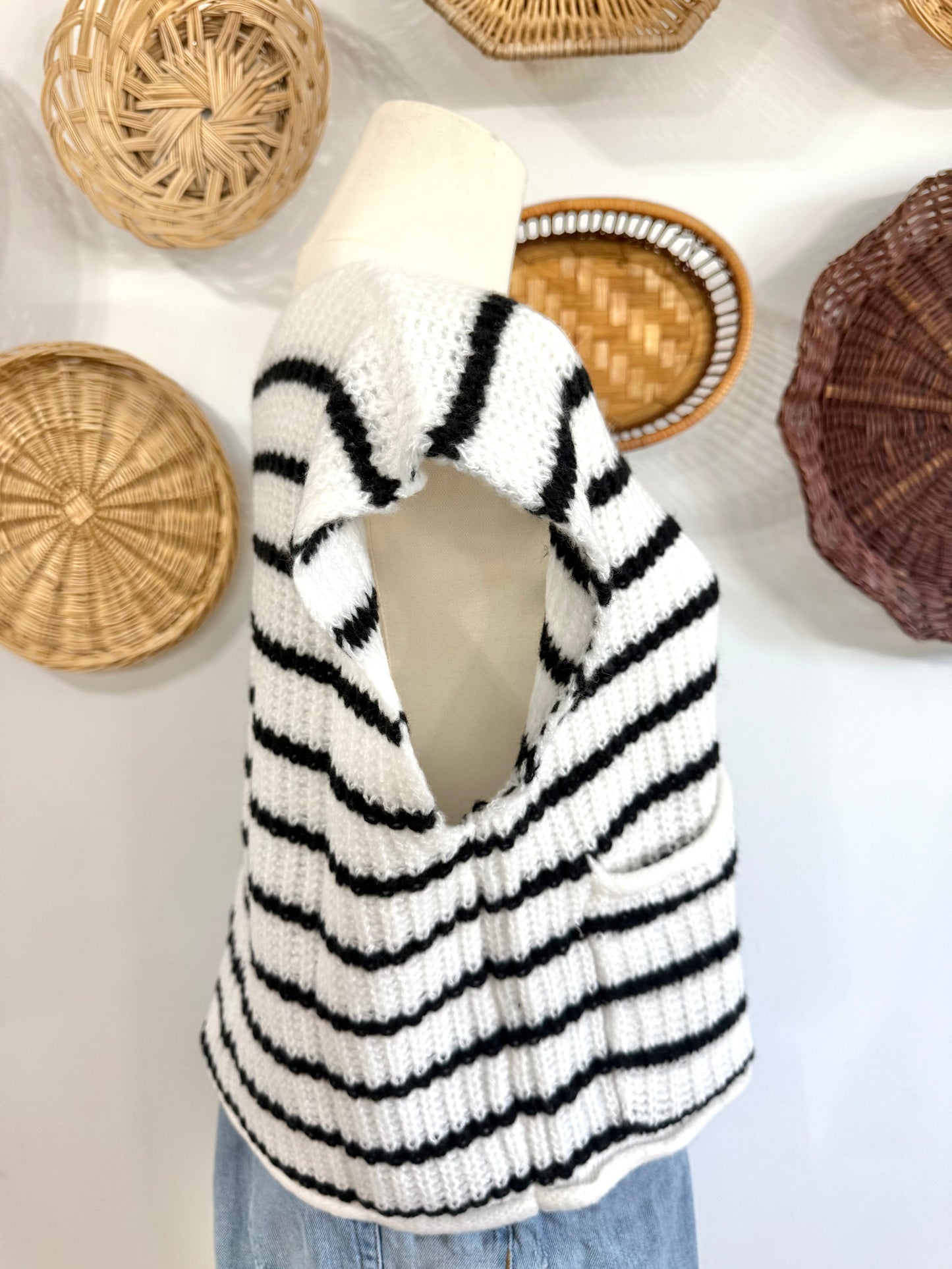 The Mabel Button Up Sweater Vest Top In White & Black Stripe