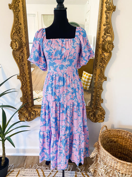 The Terra Floral Puff Sleeve Maxi Dress in Blue & Pink