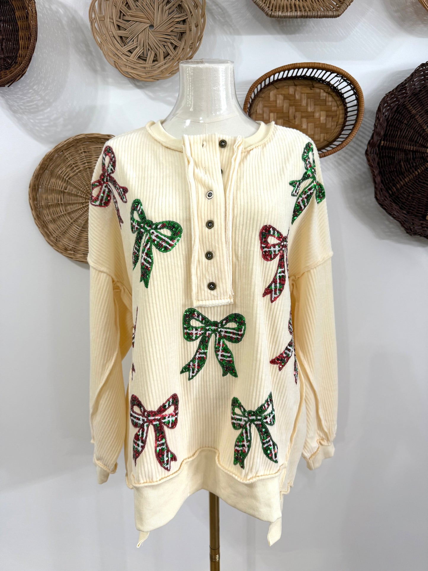 The Joy Sequin Plaid Bow Top in Cream