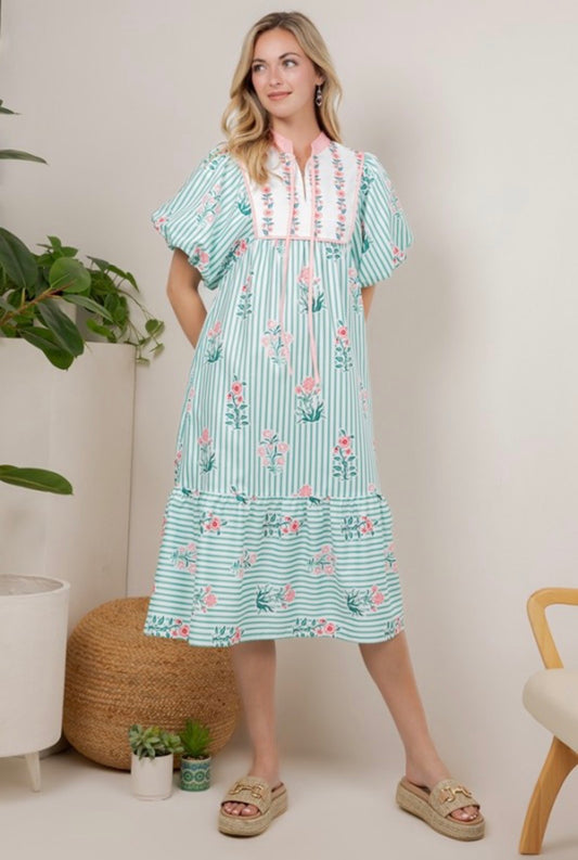 The Daisy Stripe & Floral Midi Dress in Green