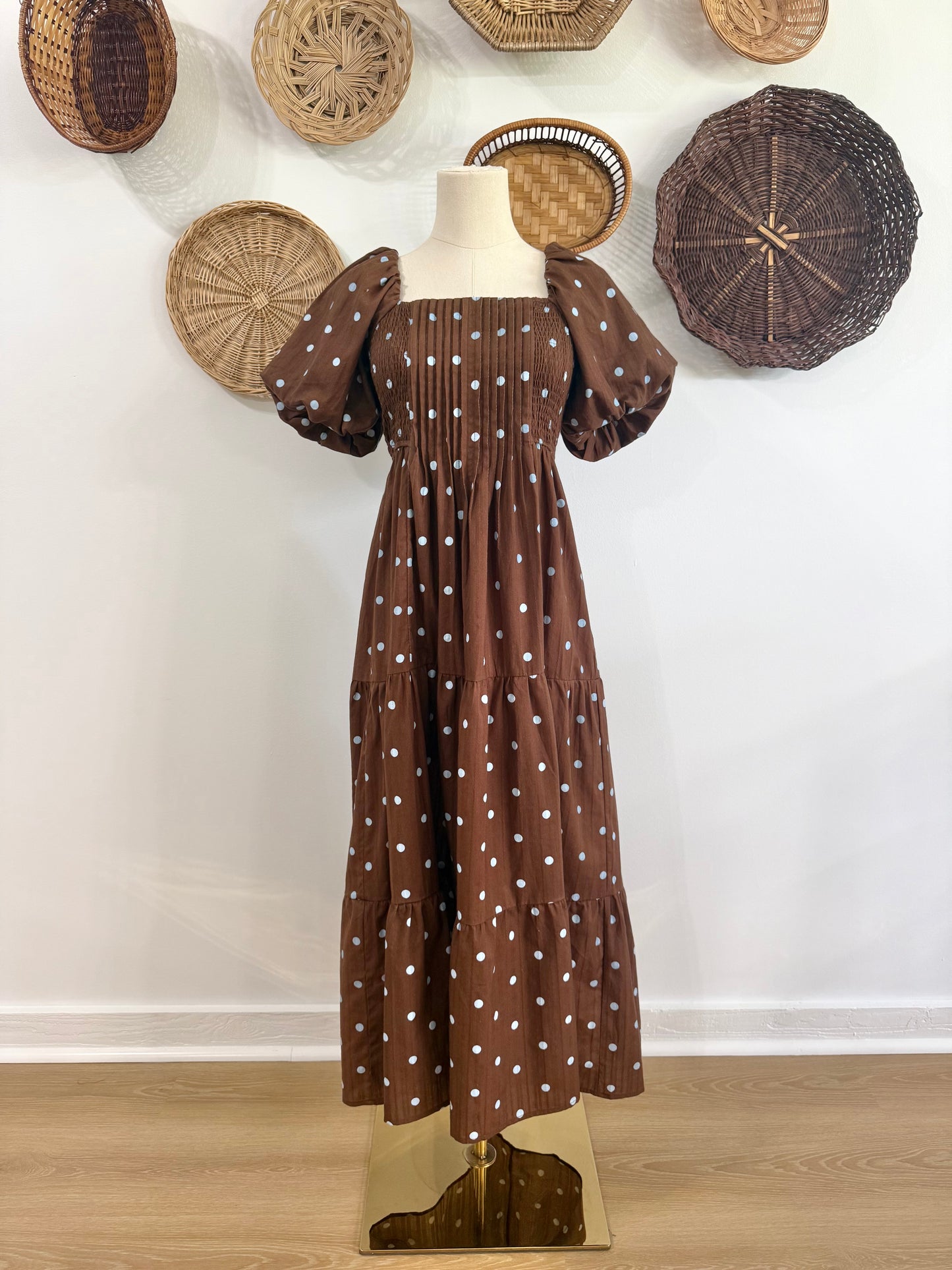 The August Puff Sleeve Blue Polka Dot Midi Dress in Brown