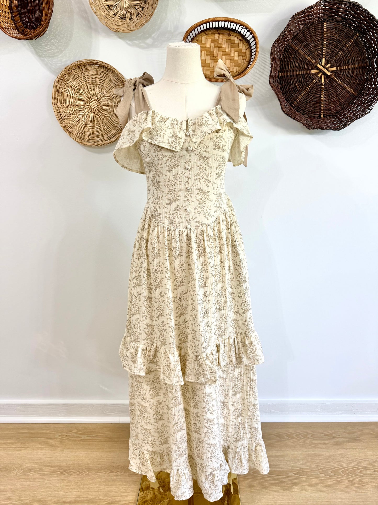 The Jolie Floral Ruffle Maxi Dress in Taupe