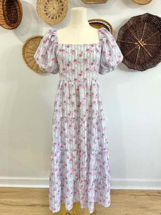The Love Shack Stripe & Floral Maxi Dress w/ Bow Tie Back