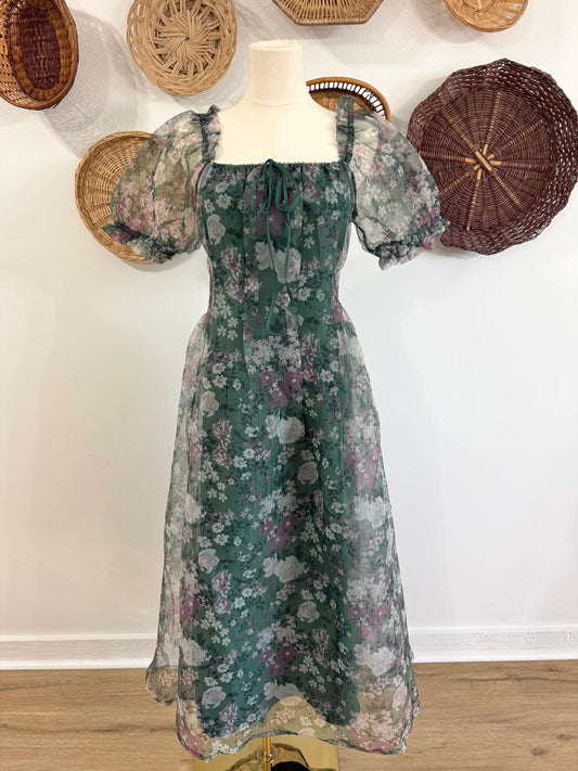 The Bridget Organza Puff Floral Maxi Dress in Emerald