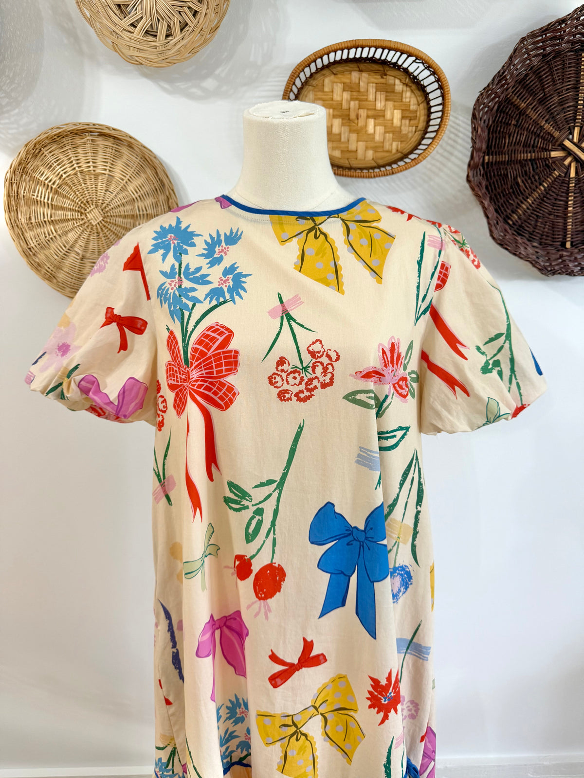 The Romy Bow & Floral Midi Dress in Ivory