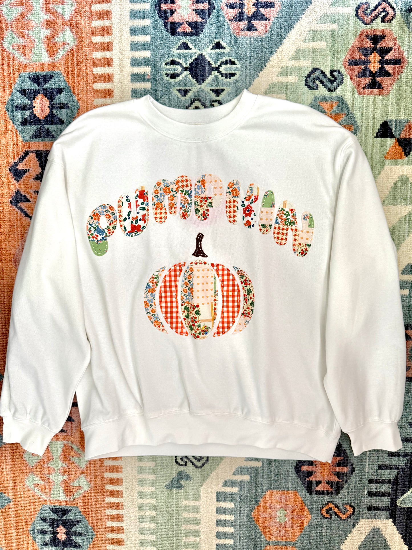 The Hazel Patchwork “Pumpkin” Sweatshirt in White