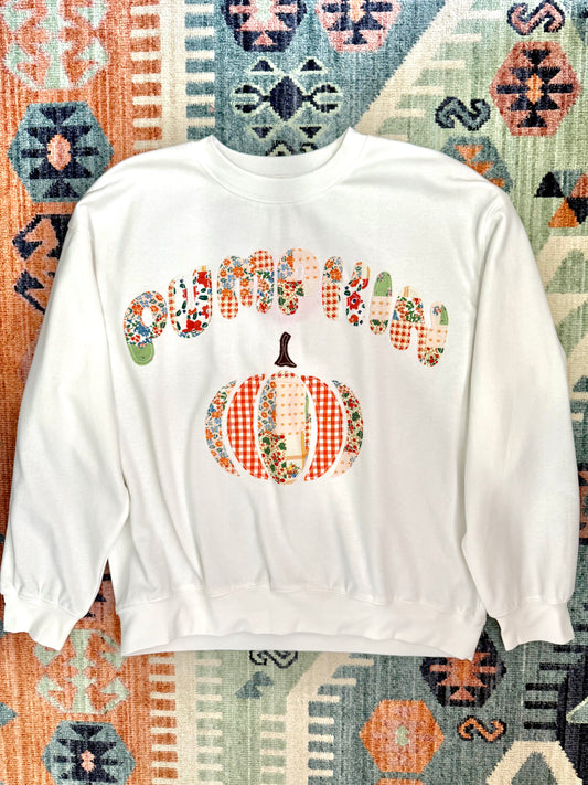 The Hazel Patchwork “Pumpkin” Sweatshirt in White