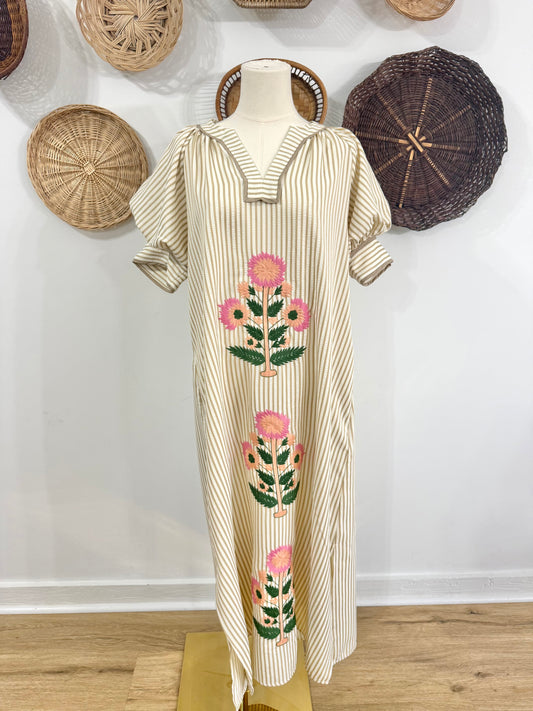 The Landry Stripe Midi Dress w/ Floral Embroidery in Oatmeal