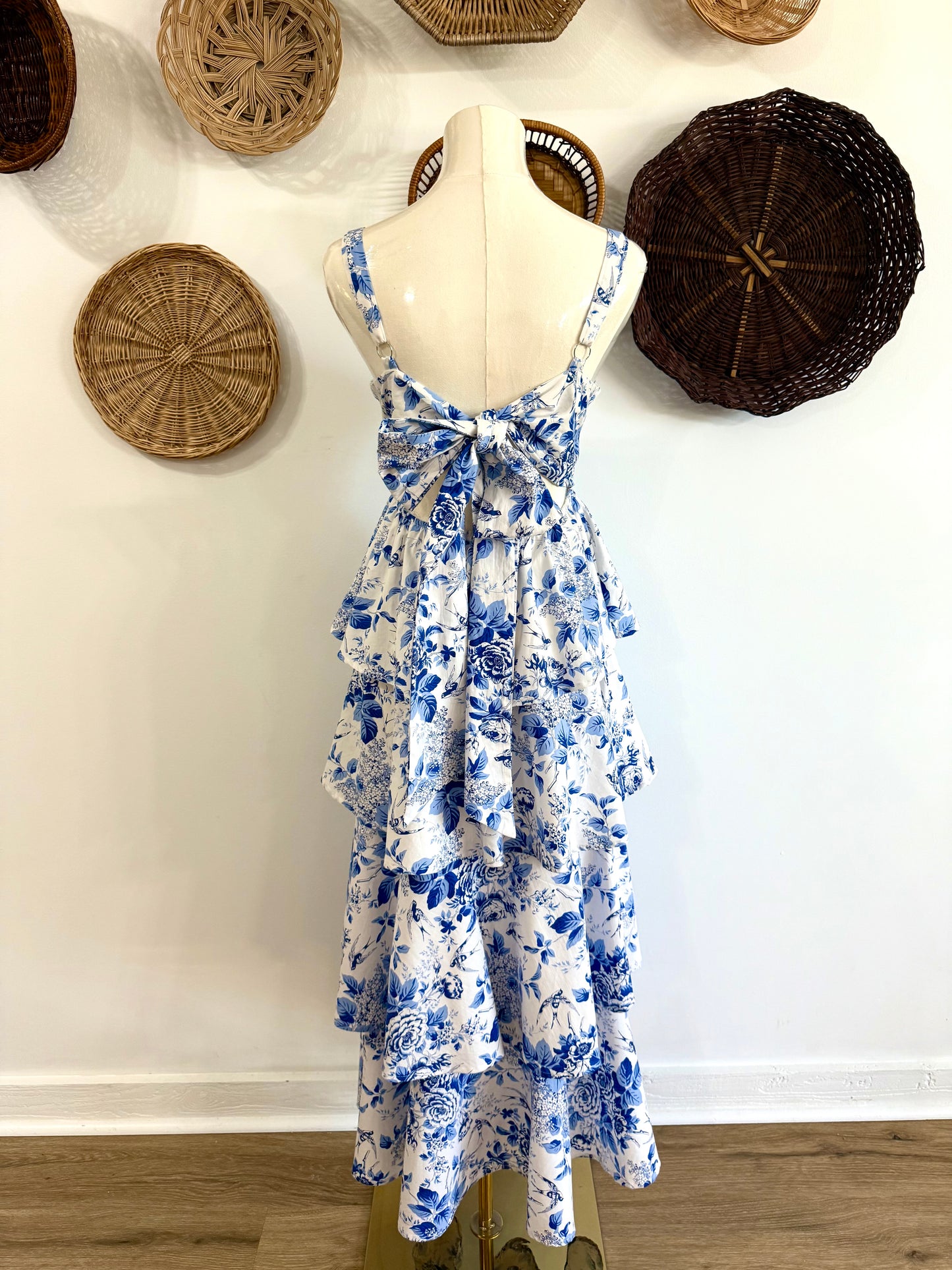 The Nicolette Floral Tiered Ruffle Maxi Dress in Blue & White
