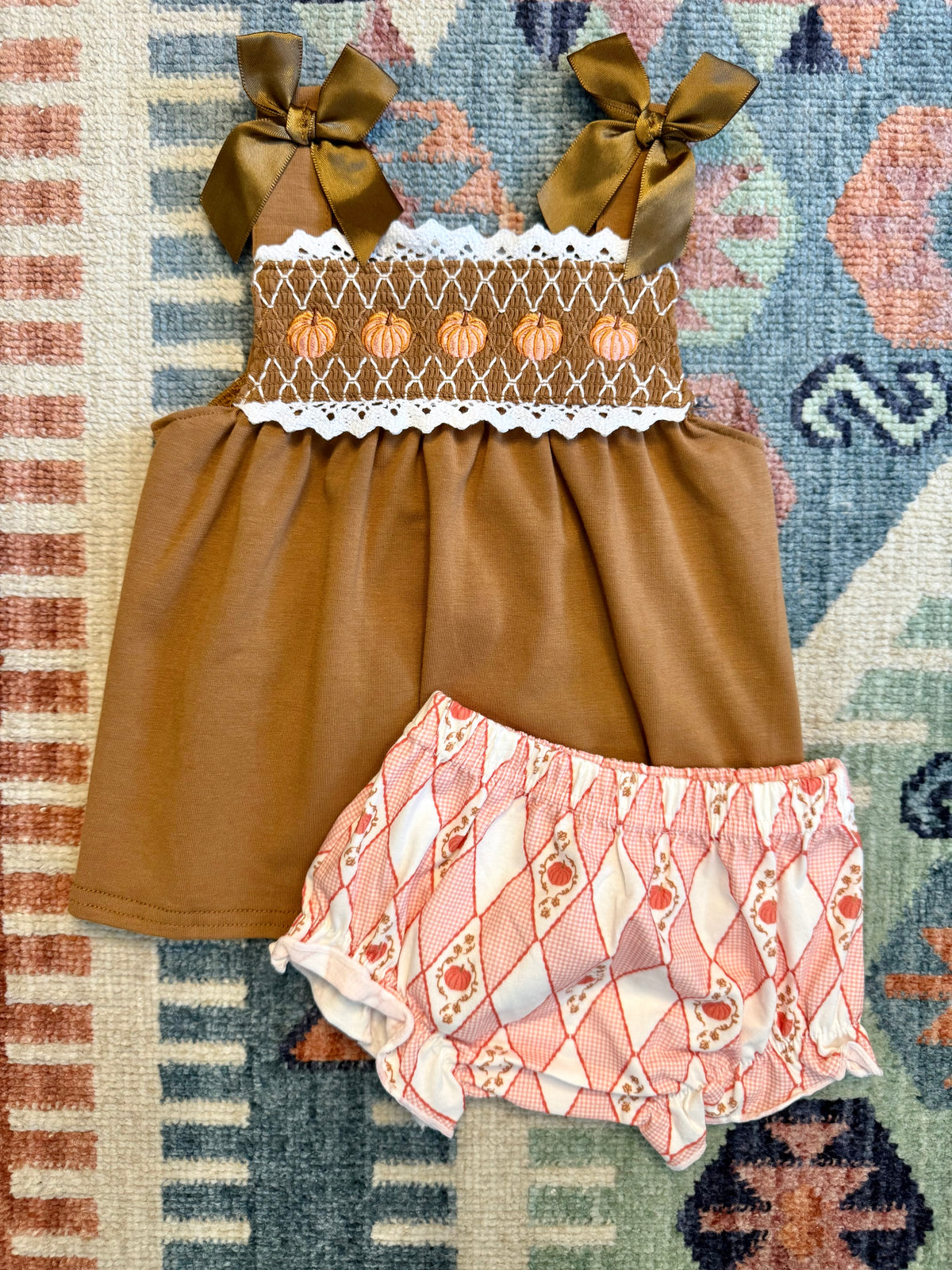 Brown Pumpkin Smocked Lace Bloomer Set