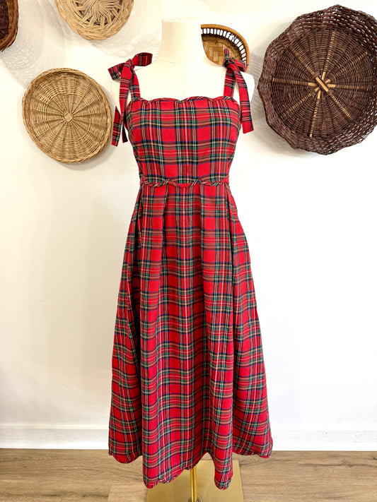 The Claus Scalloped Detail Midi Dress in Red Plaid